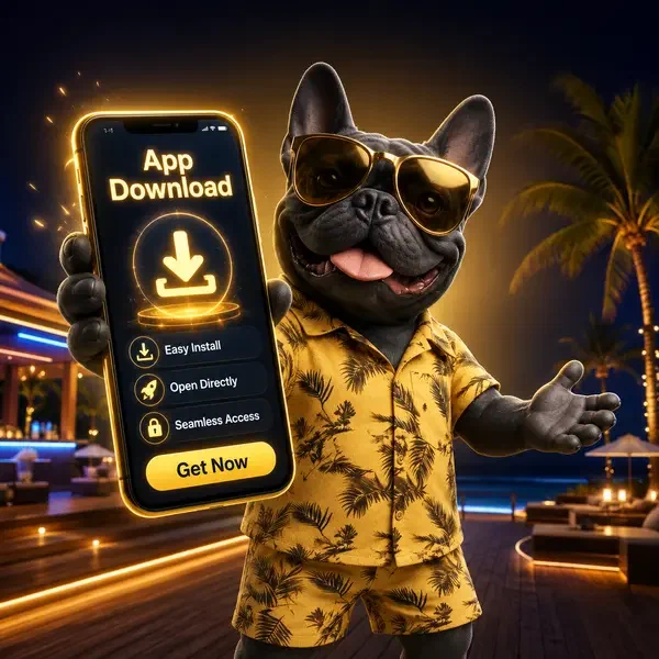 Französische Bulldogge präsentiert BaxterBet App-Download auf leuchtendem Smartphone-Bildschirm