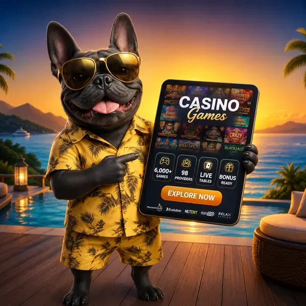 Französische Bulldogge als Gastgeber präsentiert BaxterBet Casino Spielekatalog auf Tablet am Sonnenuntergangs-Pooldeck
