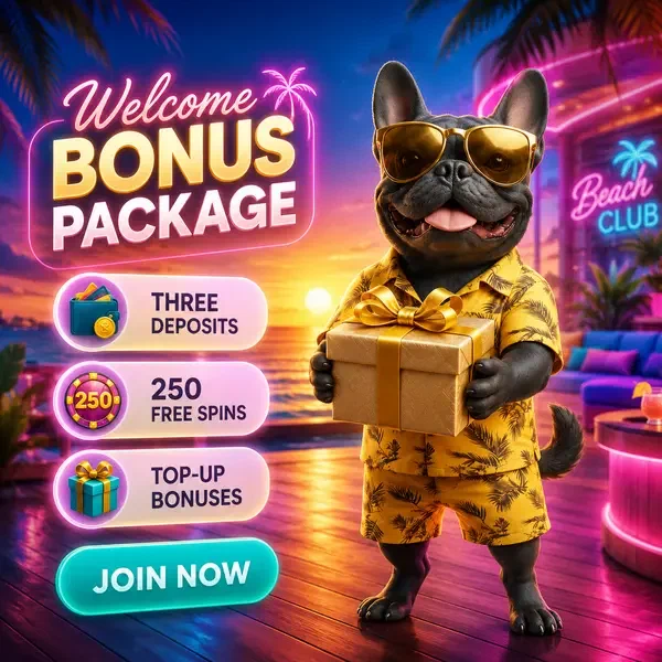 Französische Bulldogge als Gastgeber präsentiert Willkommensbonus-Geschenk im BaxterBet Tropical Beach Club