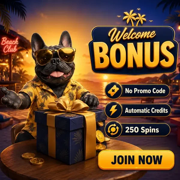 Französische Bulldogge als Gastgeber präsentiert Willkommensbonus-Geschenk bei BaxterBet, während sich ein neuer Spieler anmeldet