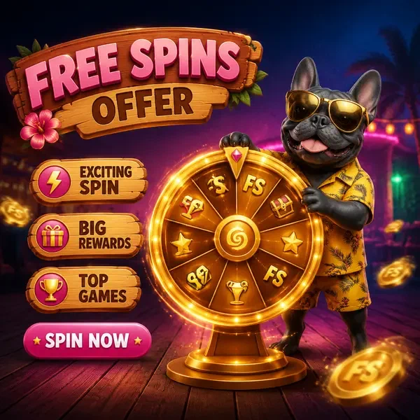 Französische Bulldogge als Gastgeber dreht goldenes Preisrad für BGaming-Slots-Freispiele im Strandclub