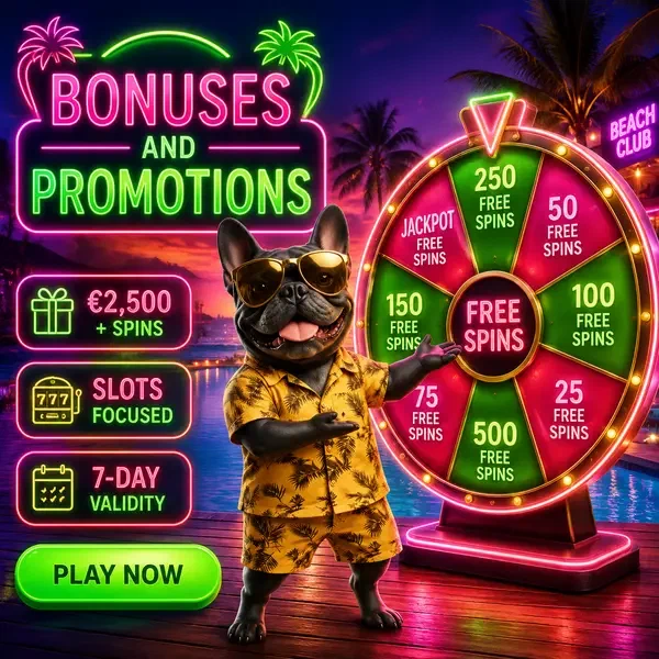 Französische Bulldogge im Tropenhemd präsentiert leuchtendes Preisrad bei BaxterBet Bonus-Showcase