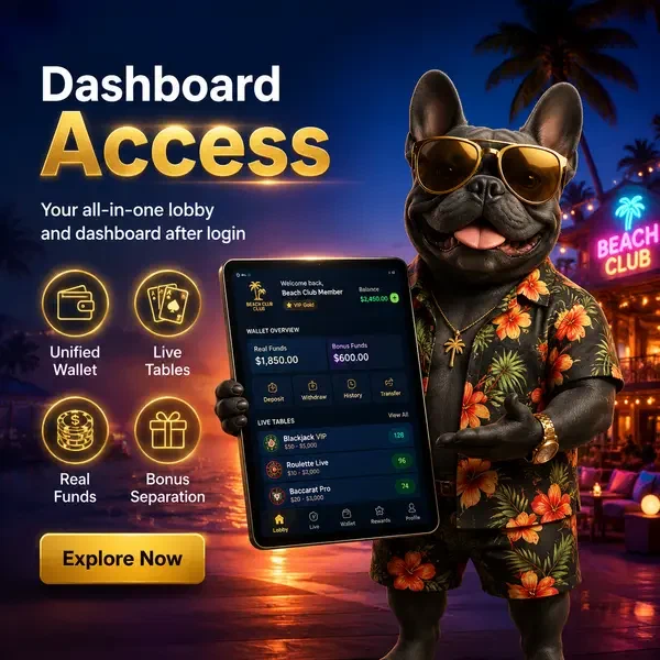 Französische Bulldogge als Gastgeber zeigt Dashboard-Zugang auf Tablet bei Dashboard und Lobby-Zugang nach Login