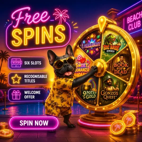 Französische Bulldogge dreht Glücksrad für Freispiele bei Gates of Olympus und BGaming Slots