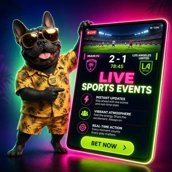 Stämmige französische Bulldogge als Gastgeber gestikuliert zu Sportwetten-Tablet mit Live-Match im Beach Club