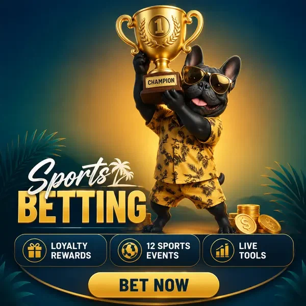 Französische Bulldogge als Champion hebt goldene Trophäe bei BaxterBet Sports Betting Siegesfeier